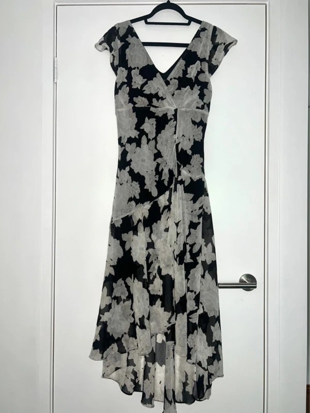 Black and Gray Floral Wrap Midi Dress - Women